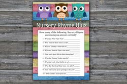 Owl Nursery rhyme quiz baby shower game card,Woodland Baby shower games printable,Fun Baby Shower Activity--385