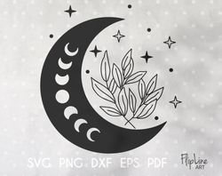 Boho Moon SVG Branch svg Leaves svg Celestial clipart Crescent moon svg Floral moon Luna svg file for Cricut