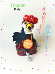 Toucan Bird Frida crochet pattern. Toucan animal crochet pattern pdf in english. DIY amigurumi toucan bird. Bird toy.