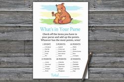 bear what's in your purse game,woodland baby shower games printable,fun baby shower activity,instant download-383