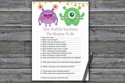 Monster How well do you know baby shower game card,Little Monster Baby shower games printable,Fun Baby Shower Activity