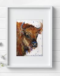 Cow painting, buffalo watercolor, art home animal  bison painting by Anne Gorywine
