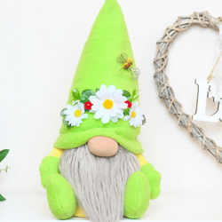 Summer gnome in a green hat with daisies, berries and bee
