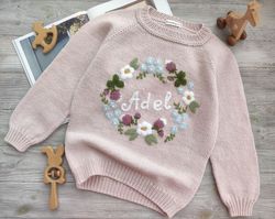 Knitted cotton & merino sweater with baby name. Personalized handmade sweater with flower embroidery for kids, girls