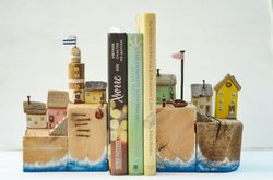 Driftwood art book ends, sea town, unusual eco gift, small sea village, housewarming gift, tiny houses, little house