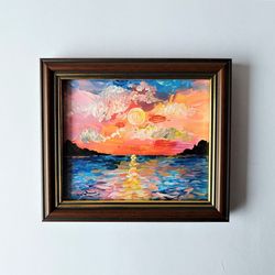 Sunset painting landscape, Small wall decor, Impasto painting, A sunset painting, Framed art, Small coastal wall art