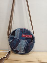 round jeans small bag in the style of crazy pechwork