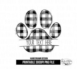 Split Black and White Plaid Dog Paw Print Monogram Sublimation PNG Design