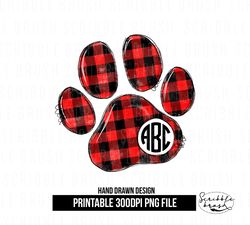 Red Plaid Dog Paw Print Circle Monogram Sublimation PNG Design
