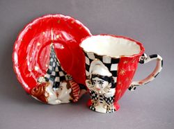 cup & saucer Tea set , Face mug, Pierrot Mood sculpture cup red art mug Porcelain coffee mug. exclusive handmade gift