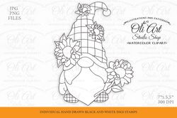 Sunflowers Gnome Stamps. Colouring Page, Gnome Digital Stamp, Printable coloring pages. Instant Download