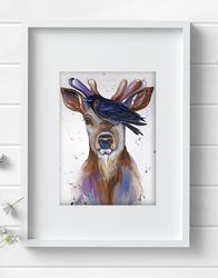 Original watercolor painting, deer and bird animal, elk art, not print by Anne Gorywine