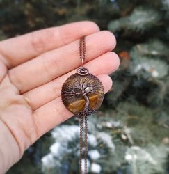 7th Wedding Anniversary Gift for Wife, Tigers Eye Copper Tree Of Life Pendant Necklace, Copper Anniversary Gift for Her