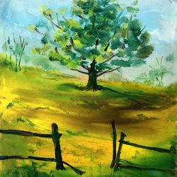 Old Fence Line Painting Original Art Trees Artwork Art Oil Painting 7 by 5