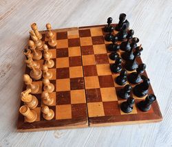 Soviet small wooden 1960s vintage chess set artel made