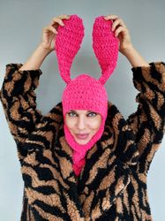 Hot Pink Bunny Balaclava with Ears Crochet Bunny Balaclava Face Mask Knit Plush Balaclava for Woman