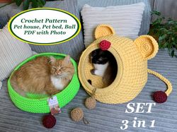 Set crochet pattern cat house pet bed and crochet ball Digital tutorial manual in PDF Format Crochet cat furniture