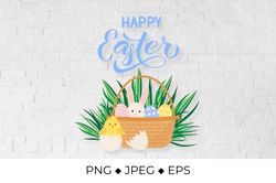 Happy Easter. Basket of eggs, bunny and cute cartoon chicken