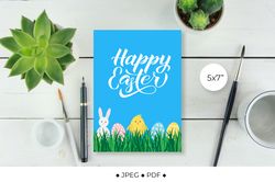 Easter Card. Eggs, bunny and cute cartoon chicken on grass.