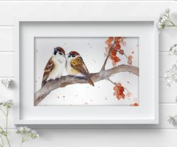 Sparrows watercolor bird painting birds on a branch 7x10 inch original art by Anne Gorywine