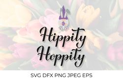 Hippity hoppity. Funny Easter quote calligraphy lettering with cute bunny gnome