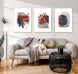 Leaf Print 3 Piece Prints Navy Red Art Printable Wall Art Abstract Painting Large Art Triptych Set Of 3 Botanical Poster