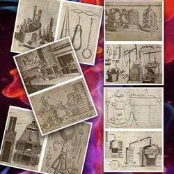 Digital wall steampunk posters medieval  drawings alchemical equipment