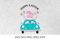 Easter retro car with cute gnome SVG