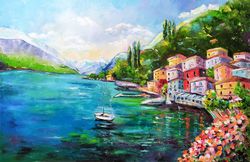 Lake Como Painting Original Oil Painting Italian Landscape Seascape Painting Canvas Art Seaside Town Home Decor 35x24 in
