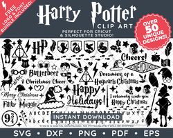SALE: Harry Potter Clip Art SVG DXF PNG PDF - Mega 50 Plus Christmas Designs Bundle with BONUS Illustration & FREE Font!