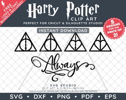 Harry Potter Clip Art Design SVG DXF PNG PDF - Deathly Hallows Symbols and Always Typography Bundle & FREE Font!