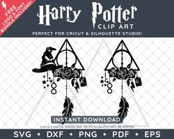 Harry Potter Clip Art Design SVG DXF PNG PDF - TWO Floral Deathly Hallows Dreamcatcher Decal Designs & FREE Font!