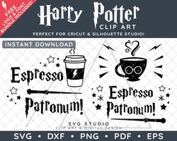 Harry Potter Clip Art Design SVG DXF PNG PDF - Espresso Patronum Typographic Coffee Quote Design & FREE Font!
