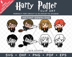 Harry Potter Clip Art Design SVG DXF PNG PDF - 4 Cartoon Chibi Illustrations Bundle - Harry Hermione Ron & FREE Font!