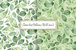 Green leaves, watercolor seamless pattern.  Digital downloads