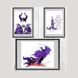 Maleficent Set Disney Art Print Digital Files nursery room watercolor