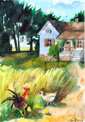 Cozy Cottage Watercolor Painting English Countryside Painting Summer Village Chickens Painting Wall Art Original Art
