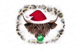 Christmas Highland cow with Santa Hat Png Highland cow bubble gum on bleach cheetah background png Highland cow red hat