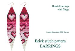 Earring pattern for beading - Brick stitch pattern for beaded fringe earrings - Instant download. Bead weaving. Heart