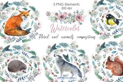 Floral Clipart Forest Animals, Holiday png, Cute holiday compositions composed of animals, birds and greenery png