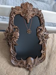 Wall decorative mirror with black glass in carving wooden frame, Wall mount mirror, Ornate mirror, Home unique decor