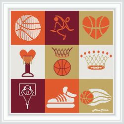 Cross stitch pattern sampler Basketball sport heart basket player ball silhouette monochrome counted crossstitch pattern