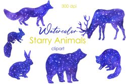 Watercolor Clipart, Galaxy Animals Png, Cute watercolor animals on transparent background, Watercolor starry animals