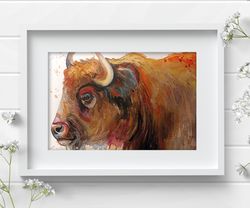 Cow painting, buffalo watercolor, art home animal cow watercolor bison painting by Anne Gorywine