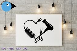 Hair dresser love SVG DIGITAL DOWNLOAD cosmetologist hair stylist love cricut silhouette heart hairdryer scissors comb