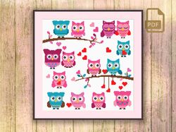 Valentine Owls Cross Stitch Pattern