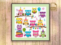 Cute Party Owls Cross Stitch Pattern
