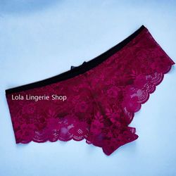 Raspberry burgundy panties with men's pouch, Luxury Lace Sissy Panties, Transgender Lingerie, Handmade to order