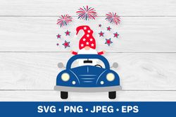 American patriotic retro truck with gnome. 4th of July SVG
