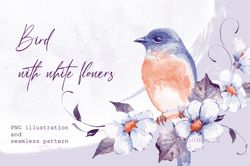 Watercolor bird clipart and floral pattern. Digital download